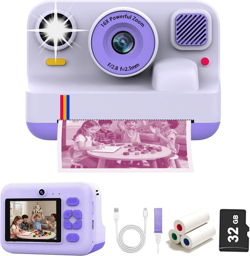 ROYALBAIDE Instant Print Camera for Kids,Instant Digital Camera,Christmas Birthday Gifts for 3-16 Year Old Girls Boys,Portable Toddlers Camera Toy Printer with 32G Card & 3 Rolls Printing Paper - Image 1